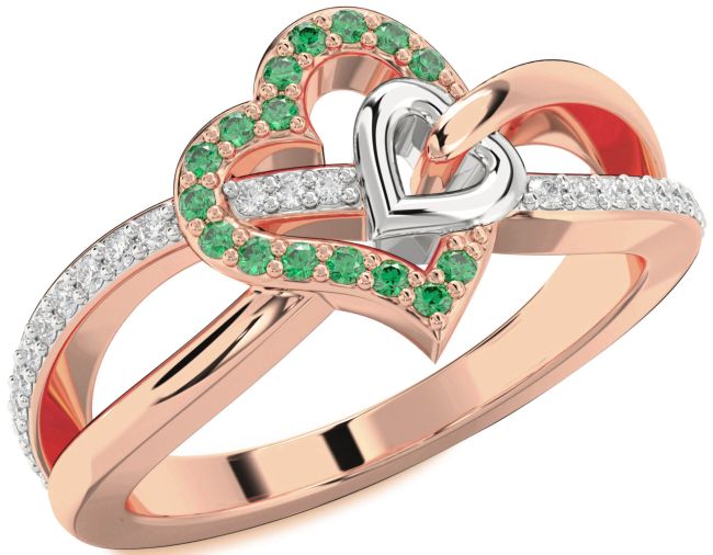Diamond Emerald Rose Gold Silver Heart Ring