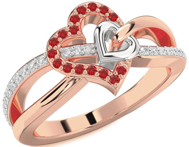 Diamond Ruby Rose Gold Silver Heart Ring