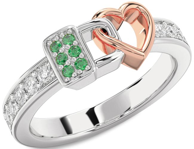 Diamond Emerald Rose Gold Silver Heart Lock Ring