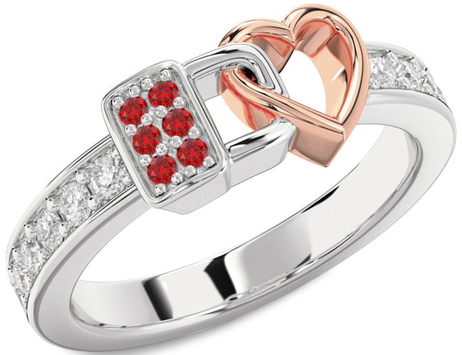 Diamond Ruby Rose Gold Silver Heart Lock Ring