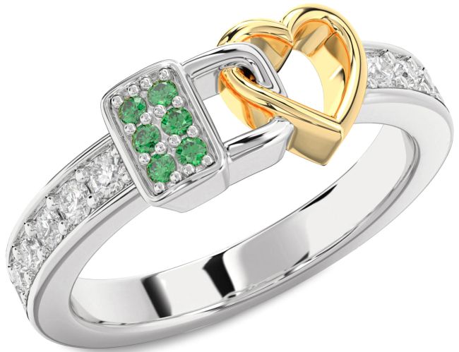 Diamond Emerald Gold Silver Heart Lock Ring