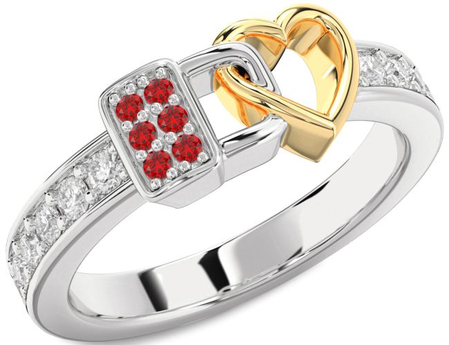 Diamond Ruby Gold Silver Heart Lock Ring