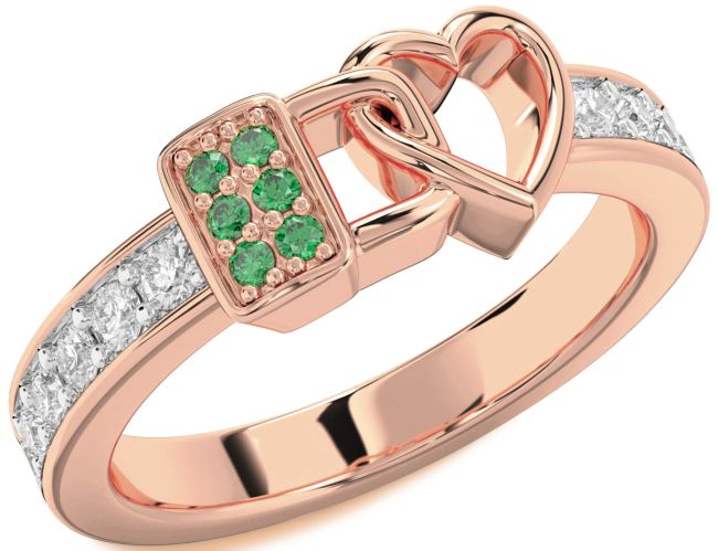 Diamond Emerald Rose Gold Heart Lock Ring