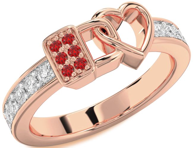 Diamond Ruby Rose Gold Heart Lock Ring