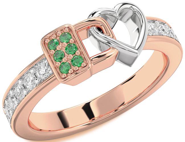 Diamond Emerald Rose Gold Silver Heart Lock Ring