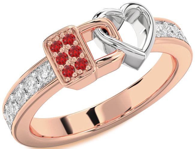 Diamond Ruby Rose Gold Silver Heart Lock Ring