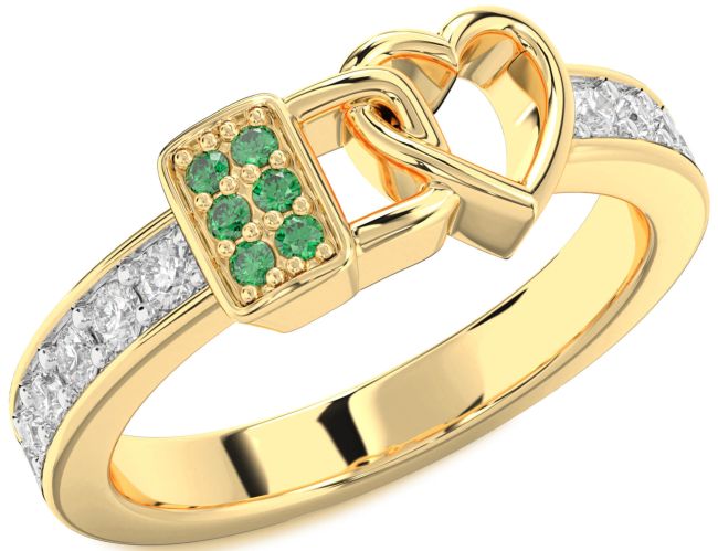 Diamond Emerald Gold Heart Lock Ring
