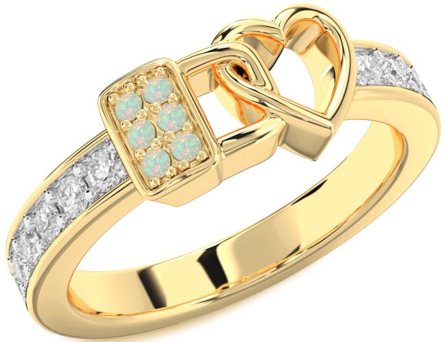 Diamond Opal Gold Heart Lock Ring