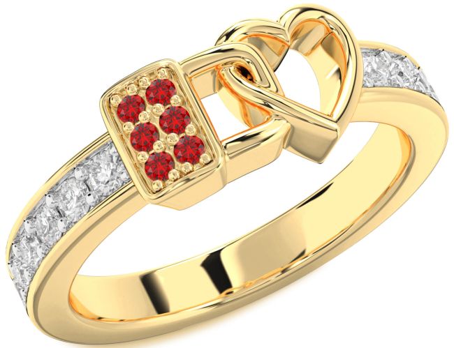 Diamond Ruby Gold Silver Heart Lock Ring