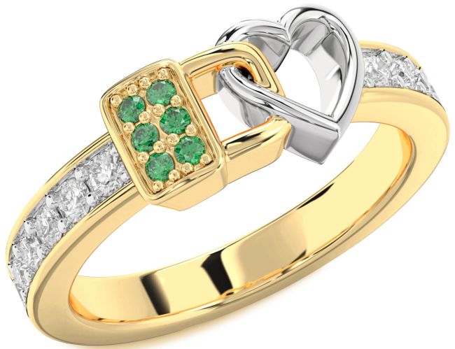 Diamond Emerald Gold Silver Heart Lock Ring