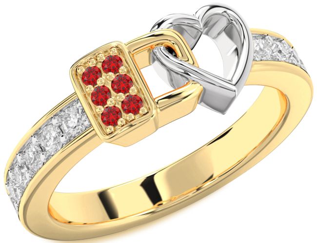 Diamond Ruby Gold Silver Heart Lock Ring