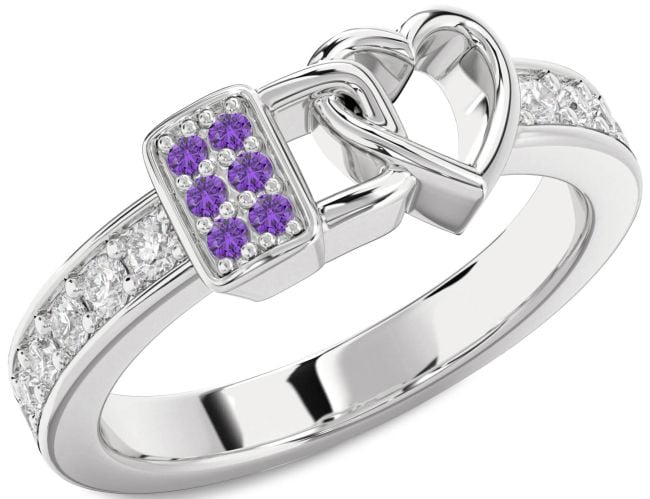 Diamond Amethyst Silver Heart Lock Ring