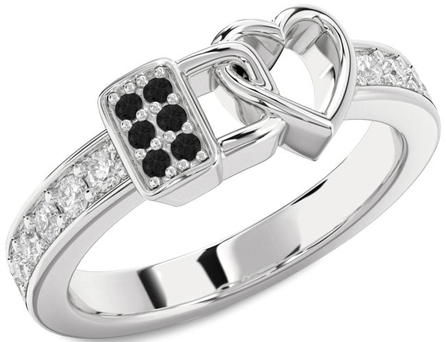 Black Diamond Silver Heart Lock Ring