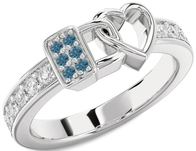 Blue Diamond Silver Heart Lock Ring