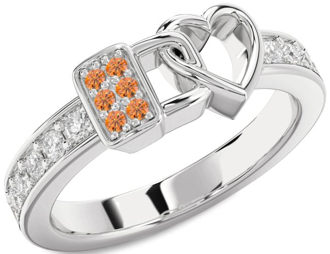 Diamond Citrine Silver Heart Lock Ring