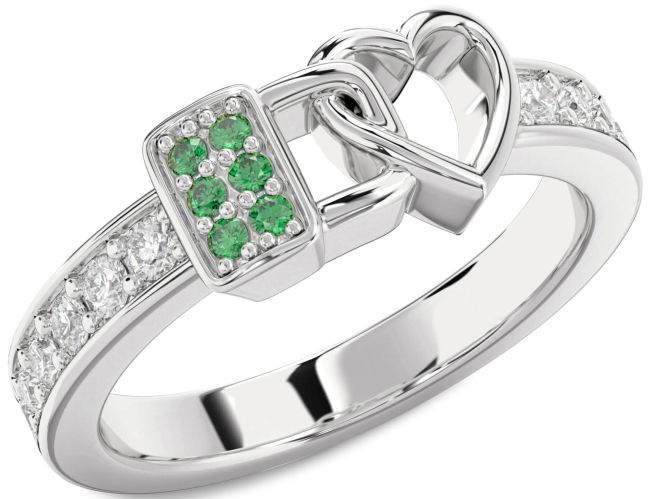 Diamond Emerald Silver Heart Lock Ring