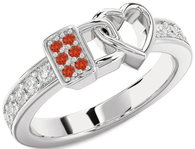 Diamond Fire Opal Silver Heart Lock Ring