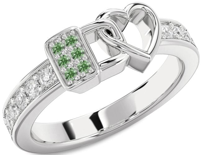 Green Diamond Silver Heart Lock Ring