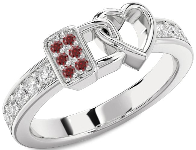 Diamond Garnet Silver Heart Lock Ring