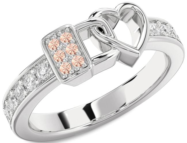 Diamond Morganite Silver Heart Lock Ring