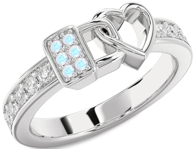 Diamond Moonstone Silver Heart Lock Ring