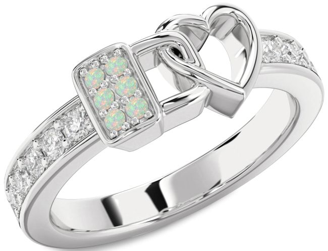 Diamond Opal Silver Heart Lock Ring