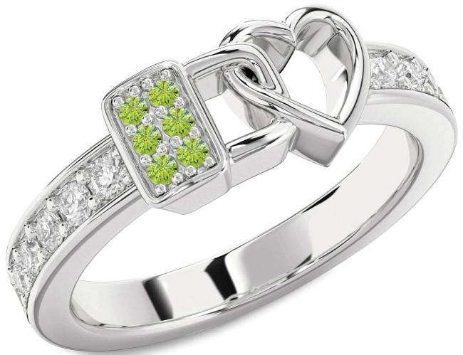 Diamond Peridot Silver Heart Lock Ring