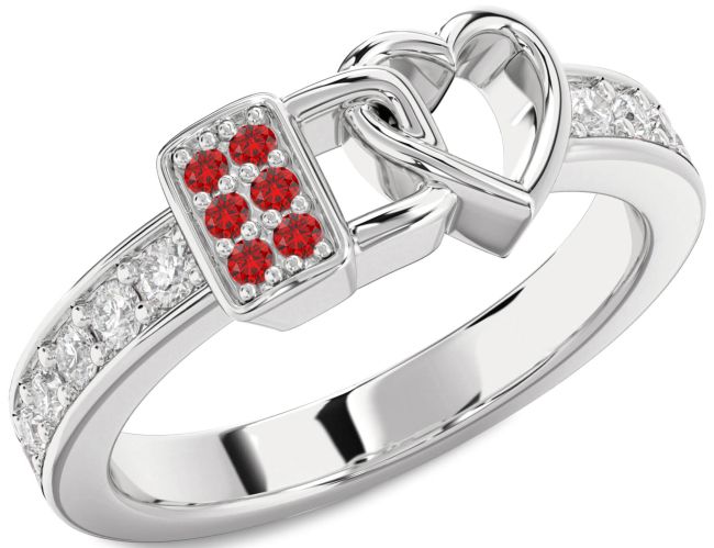 Diamond Ruby Silver Heart Lock Ring