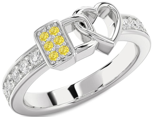 Yellow Diamond Silver Heart Lock Ring