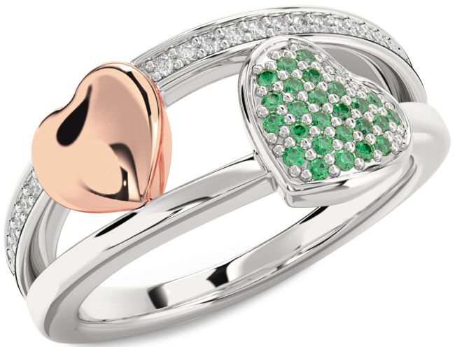 Diamond Emerald Rose Gold Silver Heart Ring