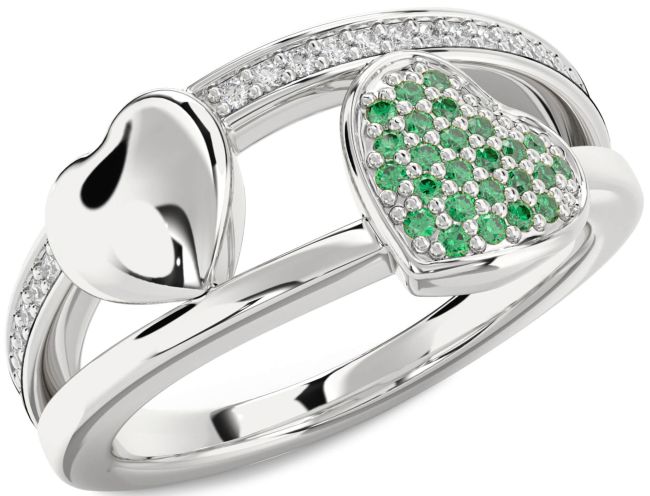 Diamond Emerald Silver Heart Ring