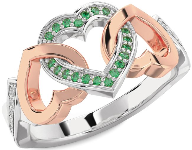 Diamond Emerald Rose Gold Silver Heart Ring