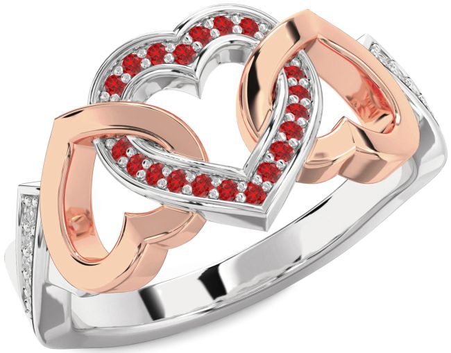 Diamond Ruby Rose Gold Silver Heart Ring
