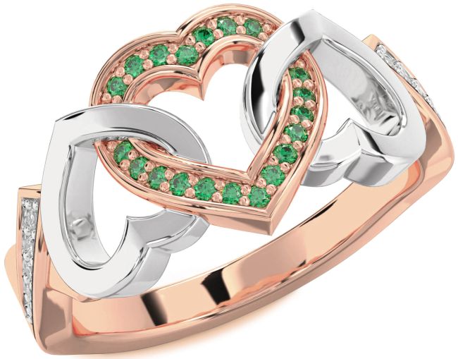 Diamond Emerald Rose Gold Silver Heart Ring