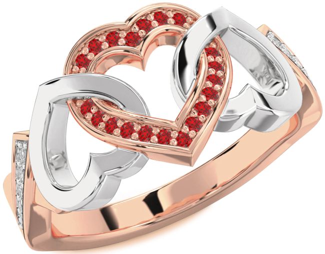 Diamond Ruby Rose Gold Silver Heart Ring
