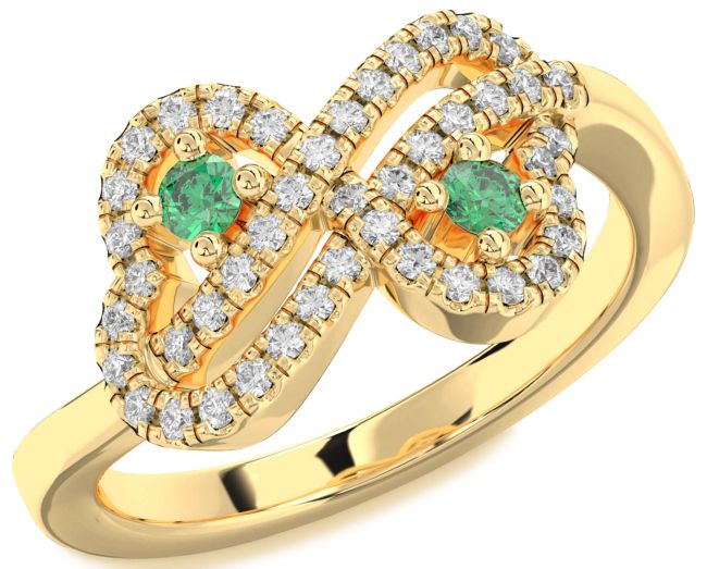 Diamond Emerald Gold Infinity Heart Two Stone Birthstone Ring