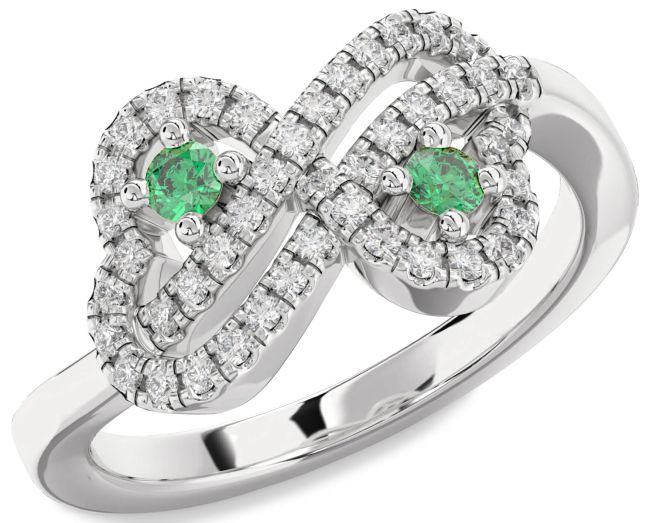 Diamond Emerald Silver Infinity Heart Two Stone Birthstone Ring