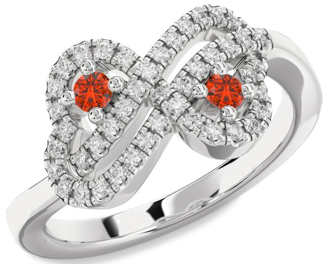 Diamond Fire Opal Silver Infinity Heart Two Stone Ring