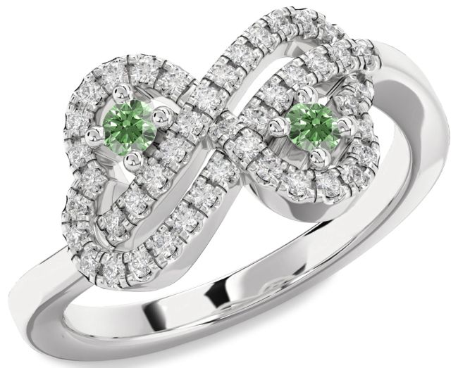 Green Diamond Silver Infinity Heart Two Stone Ring