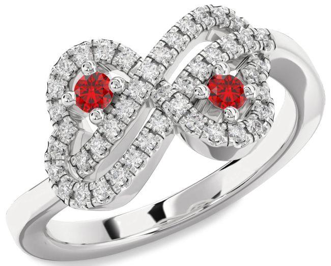 Diamond Ruby Silver Infinity Heart Two Stone Birthstone Ring