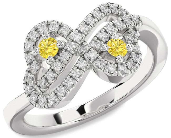 Yellow Diamond Silver Infinity Heart Two Stone Ring