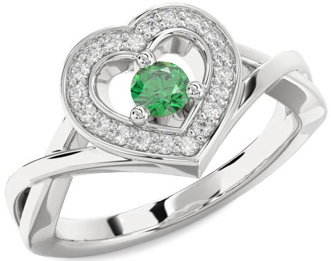 Diamond Emerald Silver Heart Promise Ring