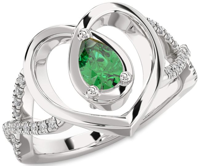 Diamond Emerald Silver Heart Solitaire Engagement Ring