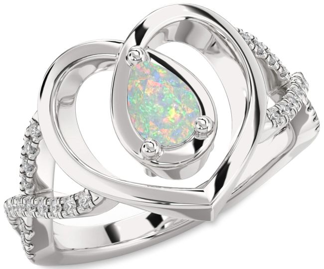 Diamond Opal Silver Heart Solitaire Engagement Ring