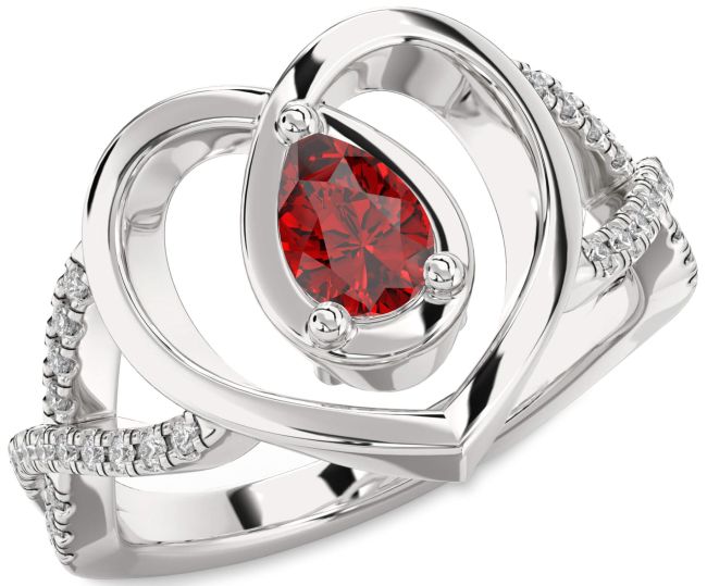 Diamond Ruby Silver Heart Solitaire Engagement Ring