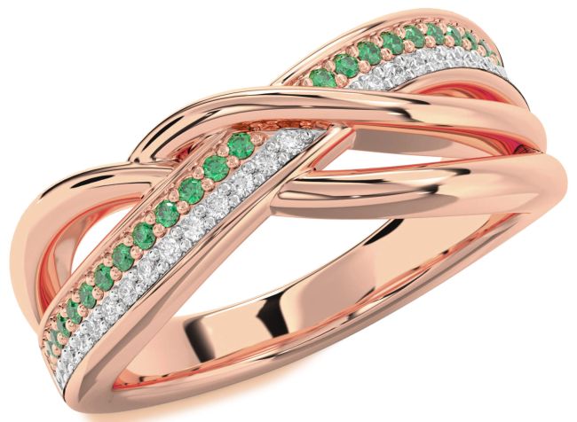 Diamond & Emerald Rose Gold Silver Infinity Round Promise Ring