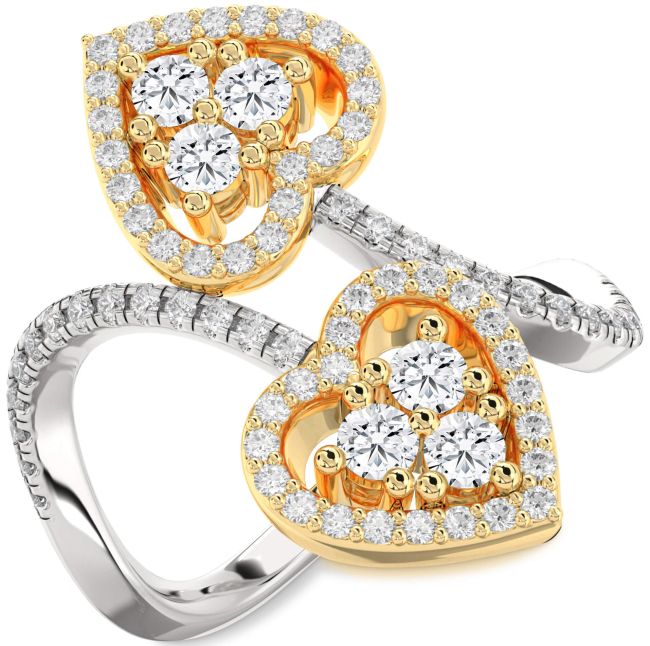 Diamond Silver & 10K gold Heart Two Stone Pave Ring