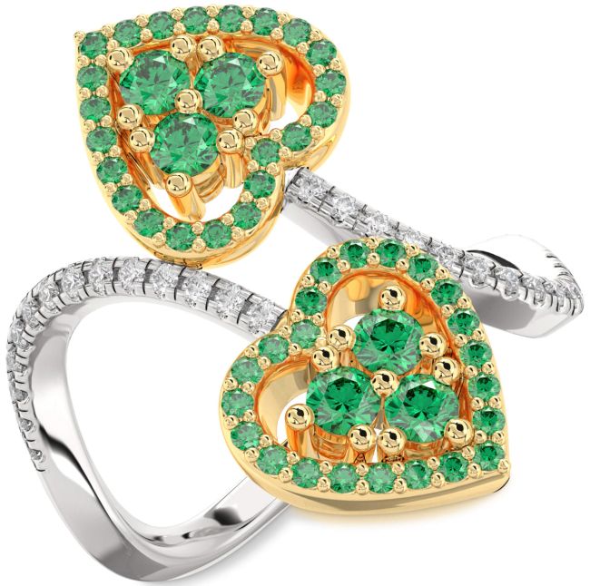 Diamond Emerald Gold Silver Heart Two Stone Pave Ring