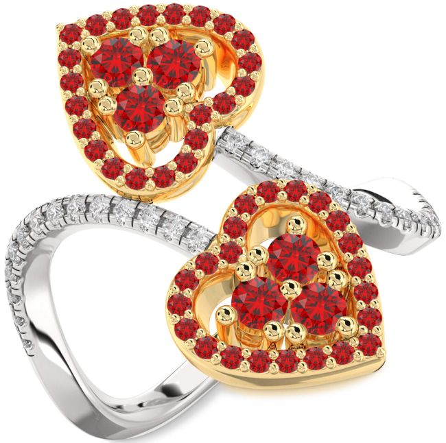 Diamond Ruby Gold Silver Heart Two Stone Pave Ring