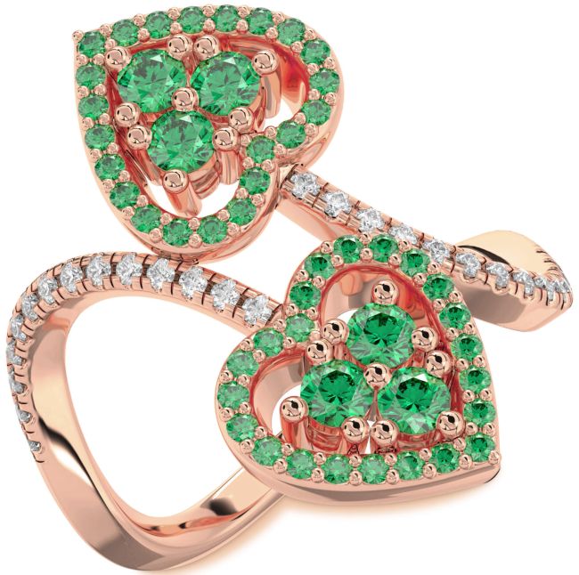 Diamond Emerald Rose Gold Heart Two Stone Pave Ring